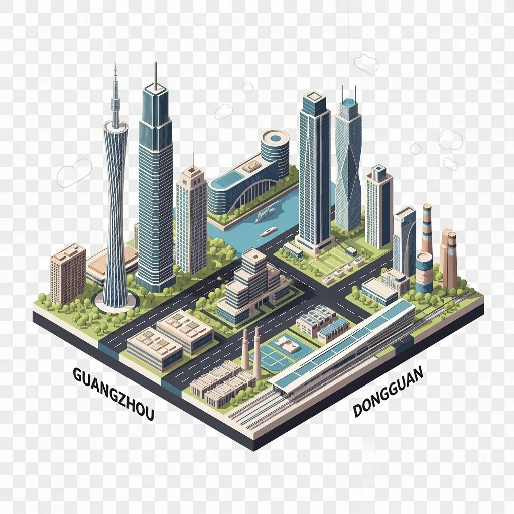 Isometric minimalistic illustration of mix Guangzhou, Shenzhen and Dongguan subtle 3D miniature effect and Tilt Shift effect, no cartoonish look, transparent background. emoji