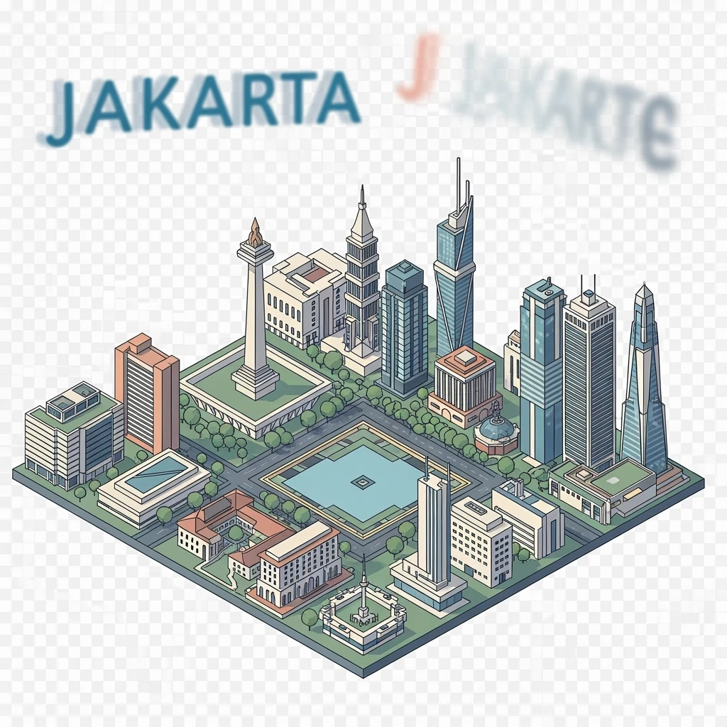 Isometric minimalistic illustration of Jakarta subtle 3D miniature effect and Tilt Shift effect, no cartoonish look, transparent background. emoji