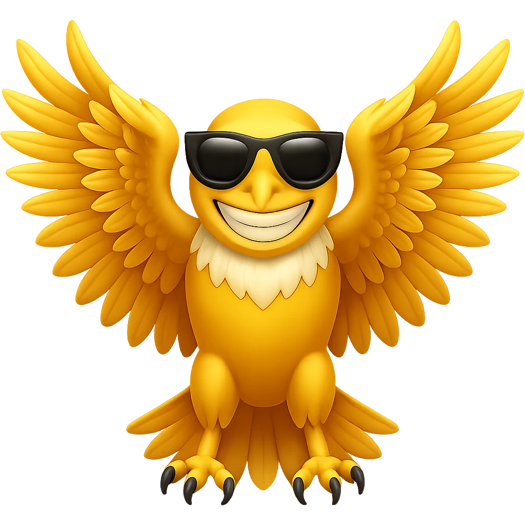 Add cool black sunglasses to the yellow eagle with a big smile with wings spread in the style of emoji (apple style emojis). Keep the emoji look and feel. emoji