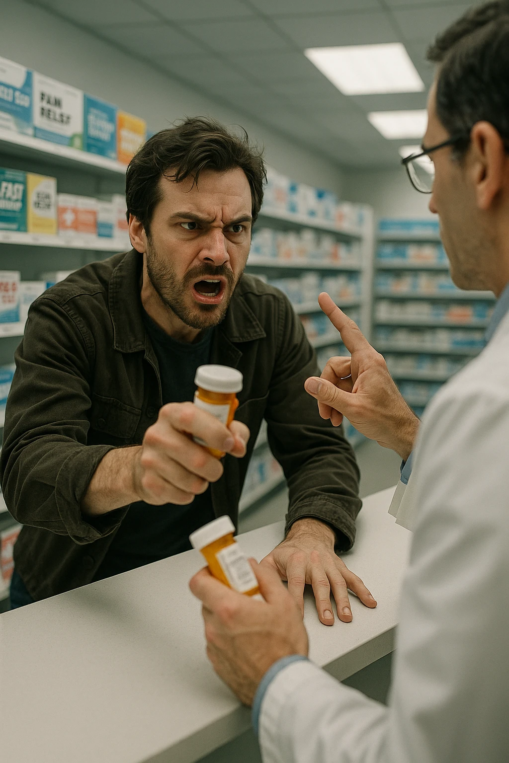 Cinematic Frustrated man at pharmacy counter demanding immediate pain relief medication, expression of impatience wanting instant symptom elimination, ignoring pharmacist's questions about underlying causes, grabbing prescription bottle eagerly, symptom suppression taking priority over healing, modern medicine aisle promising quick fixes for complex health problems" in italiano emoji
