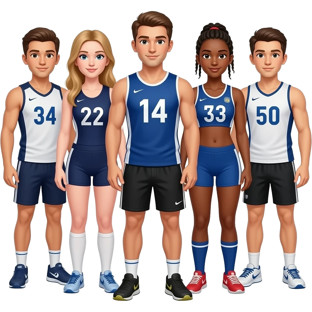 Faça um grupo de atletas jovens, homens e mulheres, de diferentes modalidades juntos, sem marca nas roupas apenas os numeros emoji