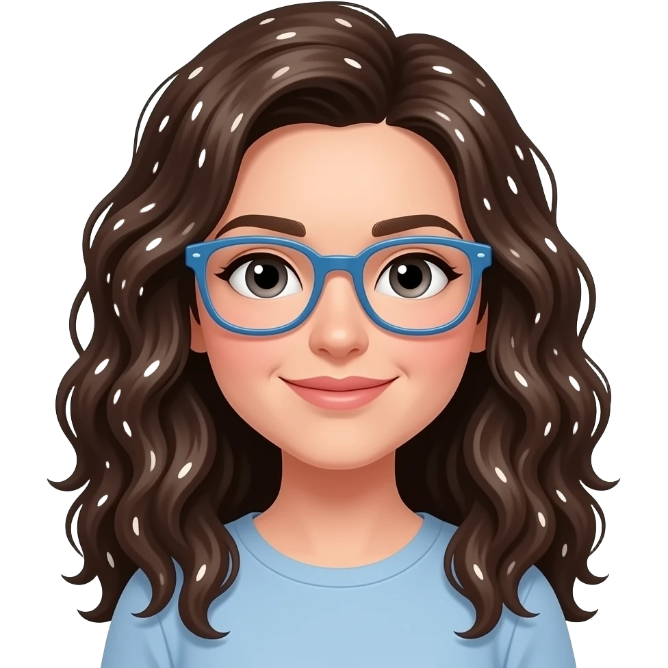 woman peachy white skin, dark brown long curly hair with a little bit of white (salt and pepper look), blue glasses emoji