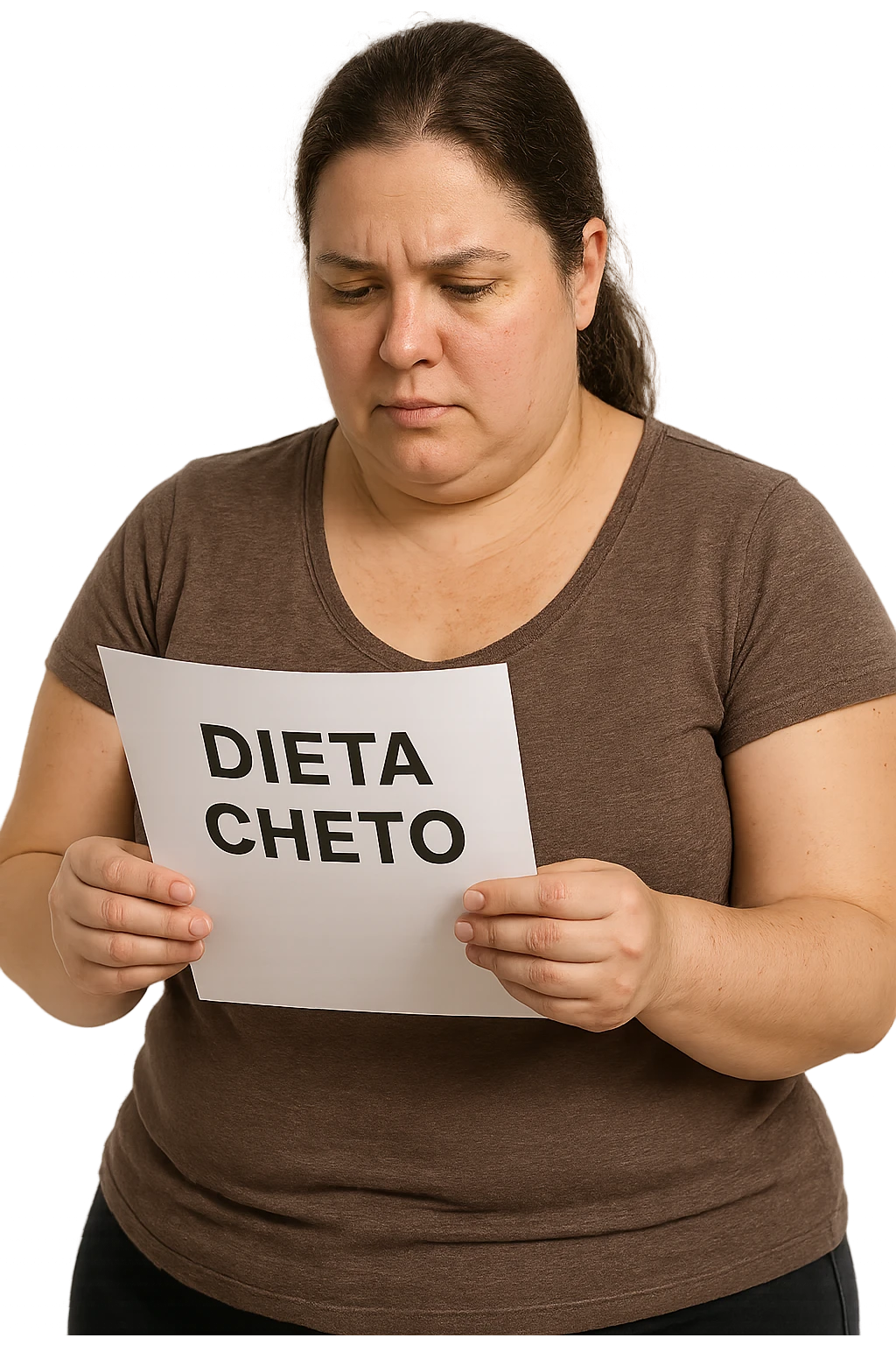 donna realistica leggermente in sovrappeso che legge un foglio con la scritta "dieta Cheto", sfondo bianco, iperrealistica 4k, IPERREALISTICA 4K emoji
