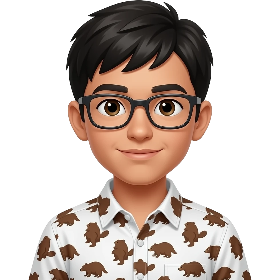 Not an adult a kid like eleven years and his shirt is beavibutt.  head and his skin light brown and hair color black and glasses emoji