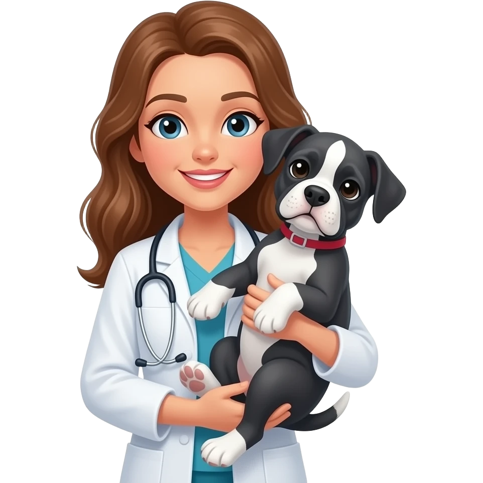 female veterinarian holding a dark gray and white boxer pup emoji
