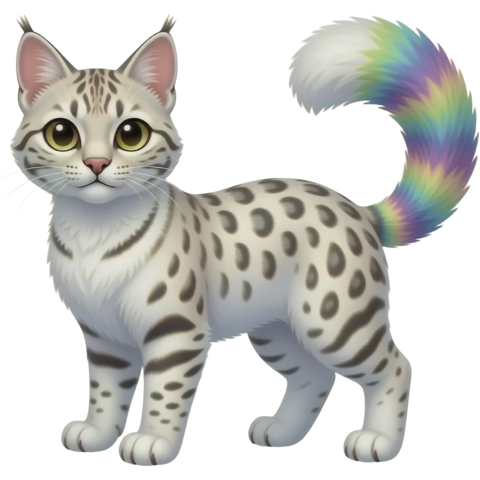 White soft silky smooth vernid-Civet-Genet-Bobcat-Caracal-Serval-animal-hybrid-mix fantasy creature LiLaiRa Kamirah Falvie whiskers paws full body with colorful gradient iridescent patterns fur markings and with a long thin tufted tail feline emoji