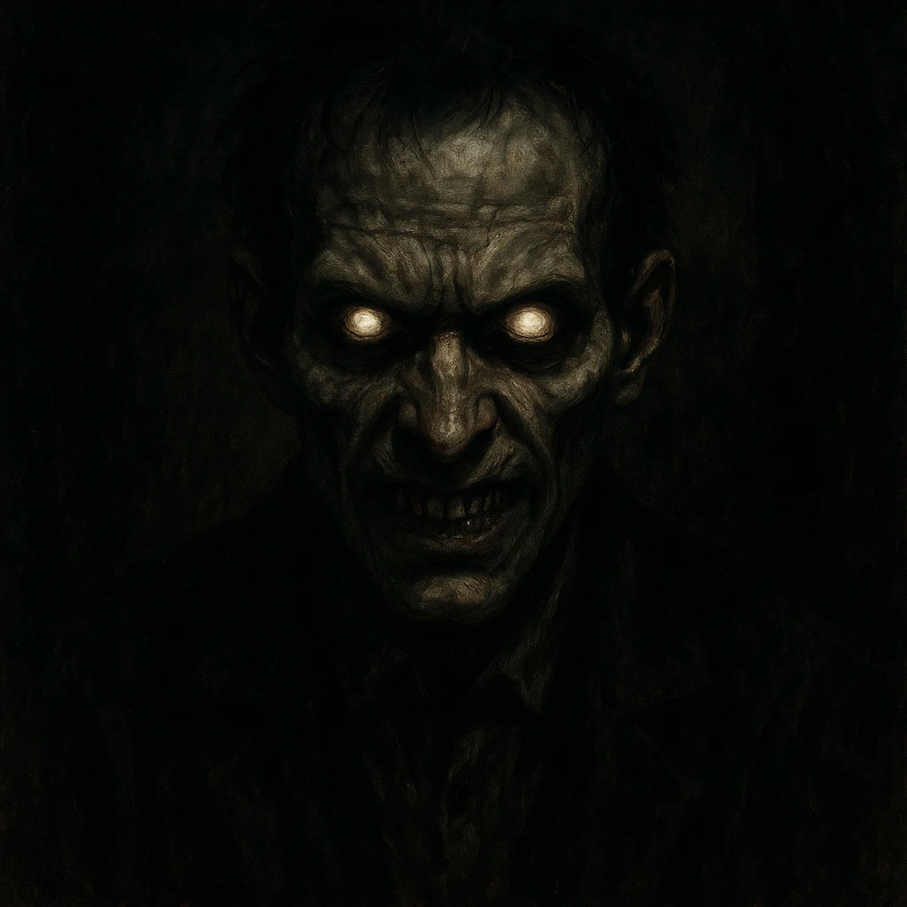 scary man with a menacing expression, horror style, dark shadows, glowing eyes emoji
