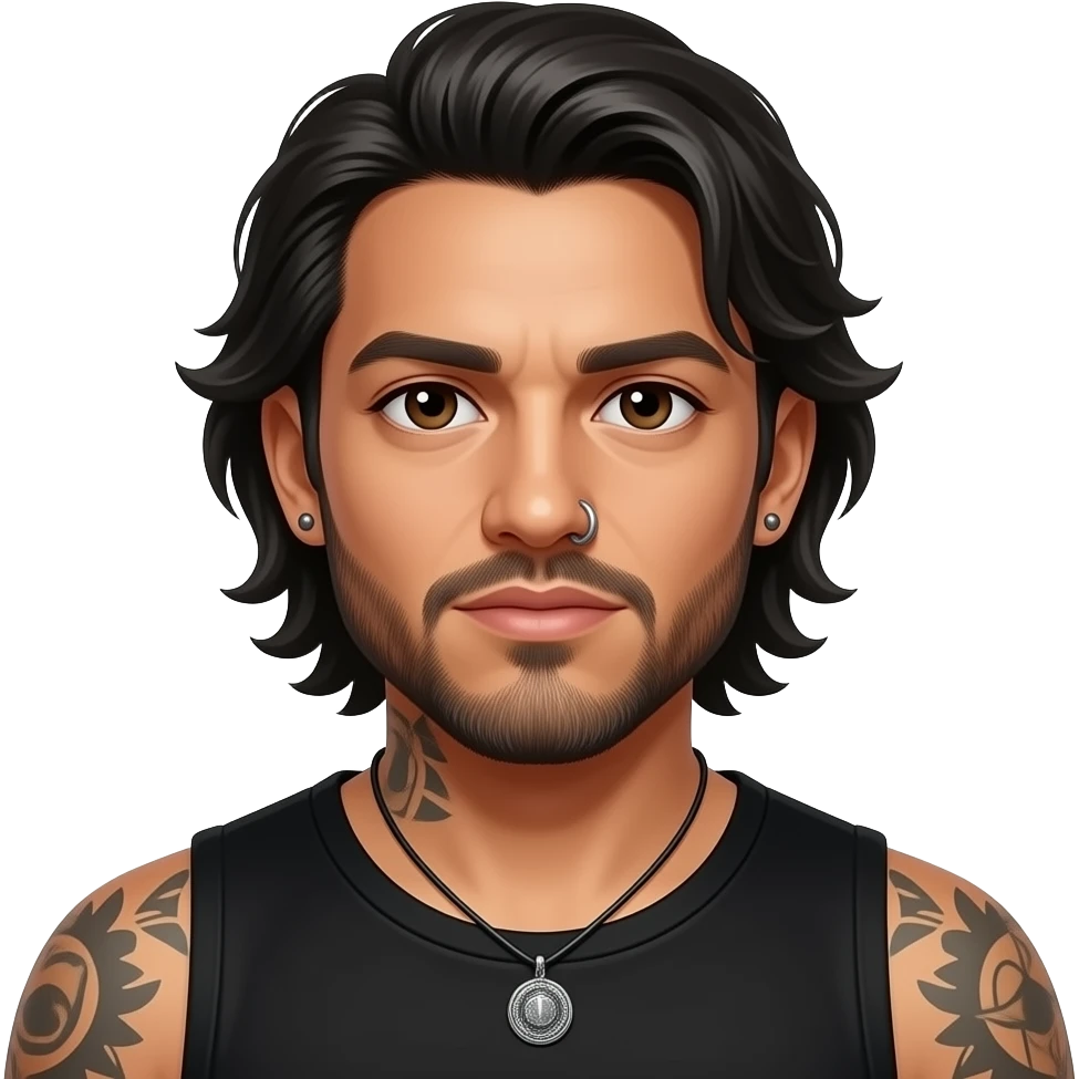 The handsome manly Latino podcast host with medium length hair, a long slightly graying beard and tattoos with his ears pierced 1 time each ear and a nose ring on the right side, dark brown eyes, wearing black, and jewelry, and he’s super drunk emoji