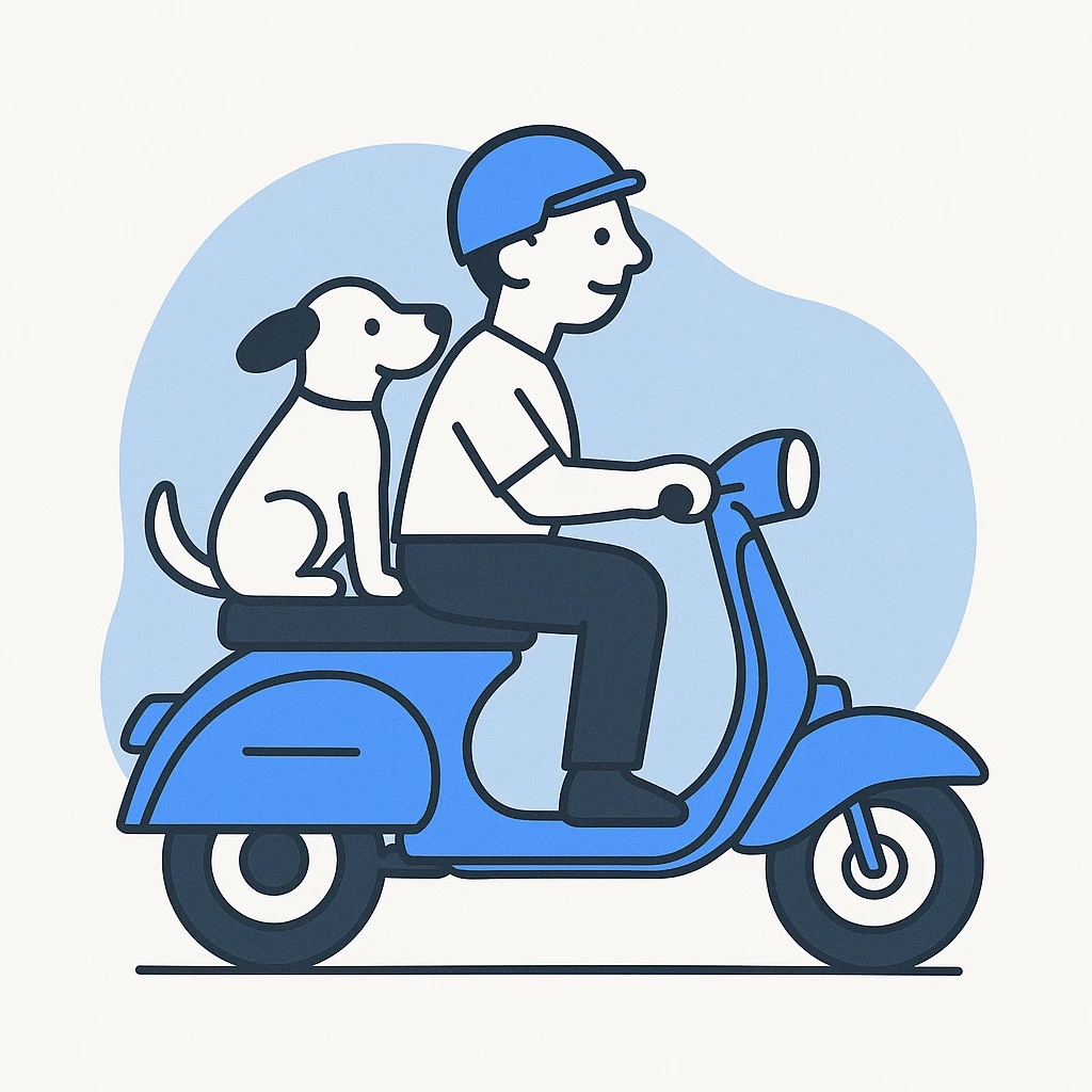 man and his pet dog riding a vespa emoji