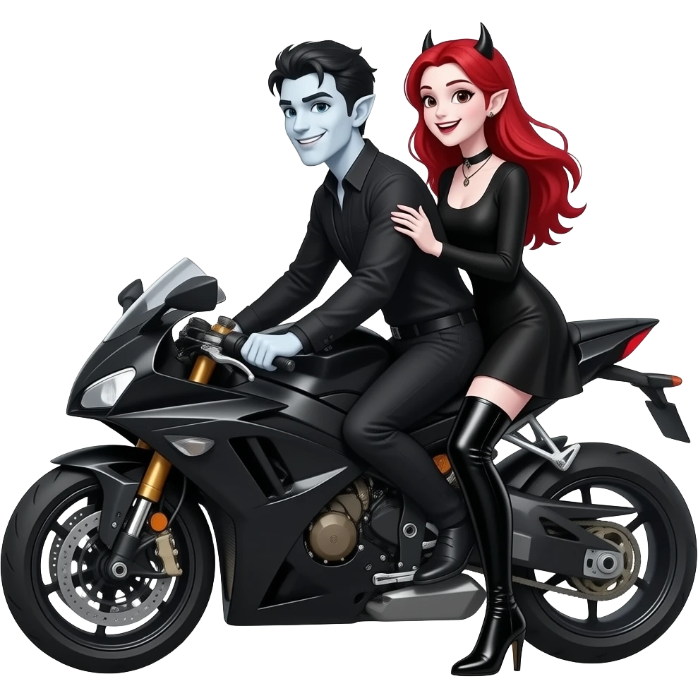 Vampiro femmina ADOLESCENTE con pelle bianca e capelli rossi indossa un vestito con le maniche lunghe nero, gli stivali lunghi neri con il tacco e insieme al suo fidanzato VAMPIRO con la pelle bianca e i capelli neri vanno in moto e sono felici, lui giuda davanti e lei sta' dietro emoji
