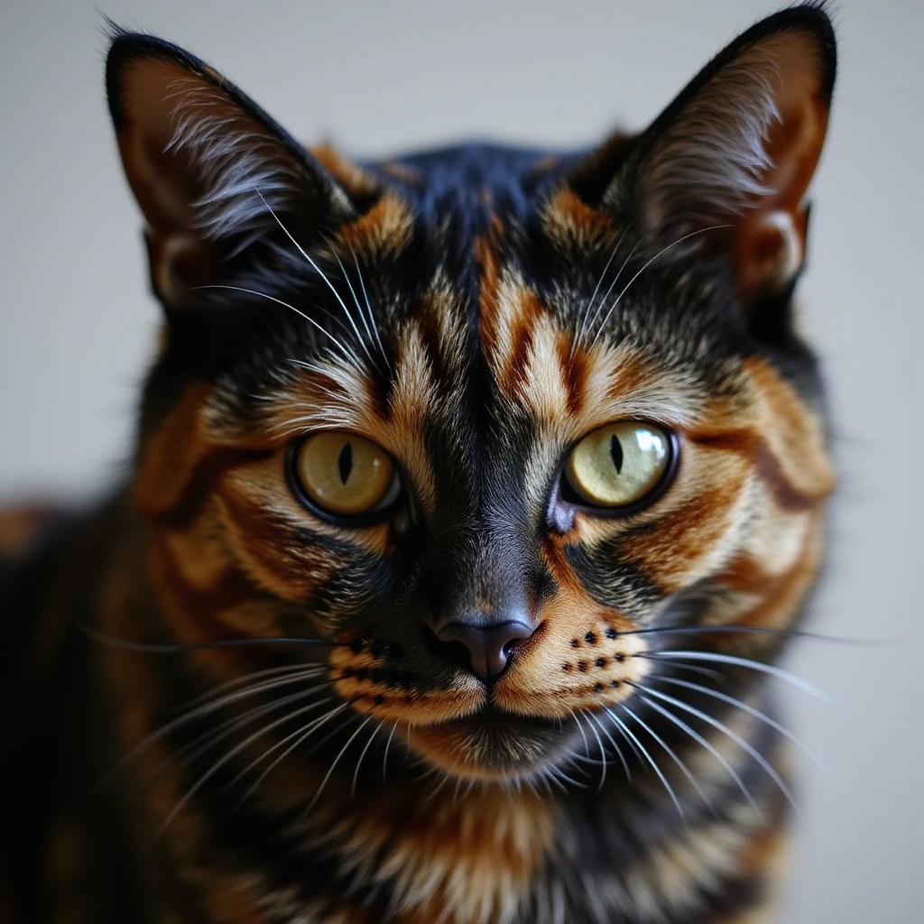 tortoiseshell cat face, realistic fur, expressive eyes, white background emoji