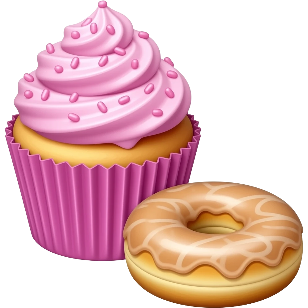 Vanilla cupcake pink frosting and Sprinkles cupcake pink paper and donut in the foreground emoji