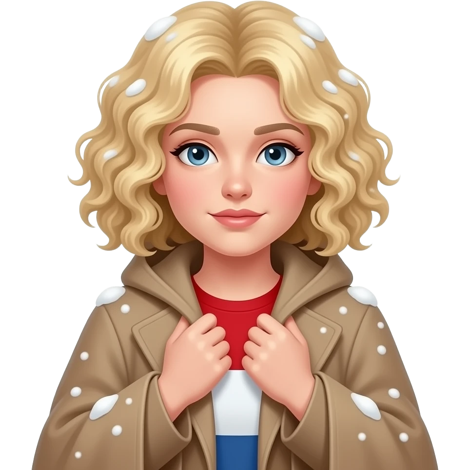 blonde tight curly bob cold face with hands sheltering body in a cape coat and snow around in red, white and blue shirt emoji