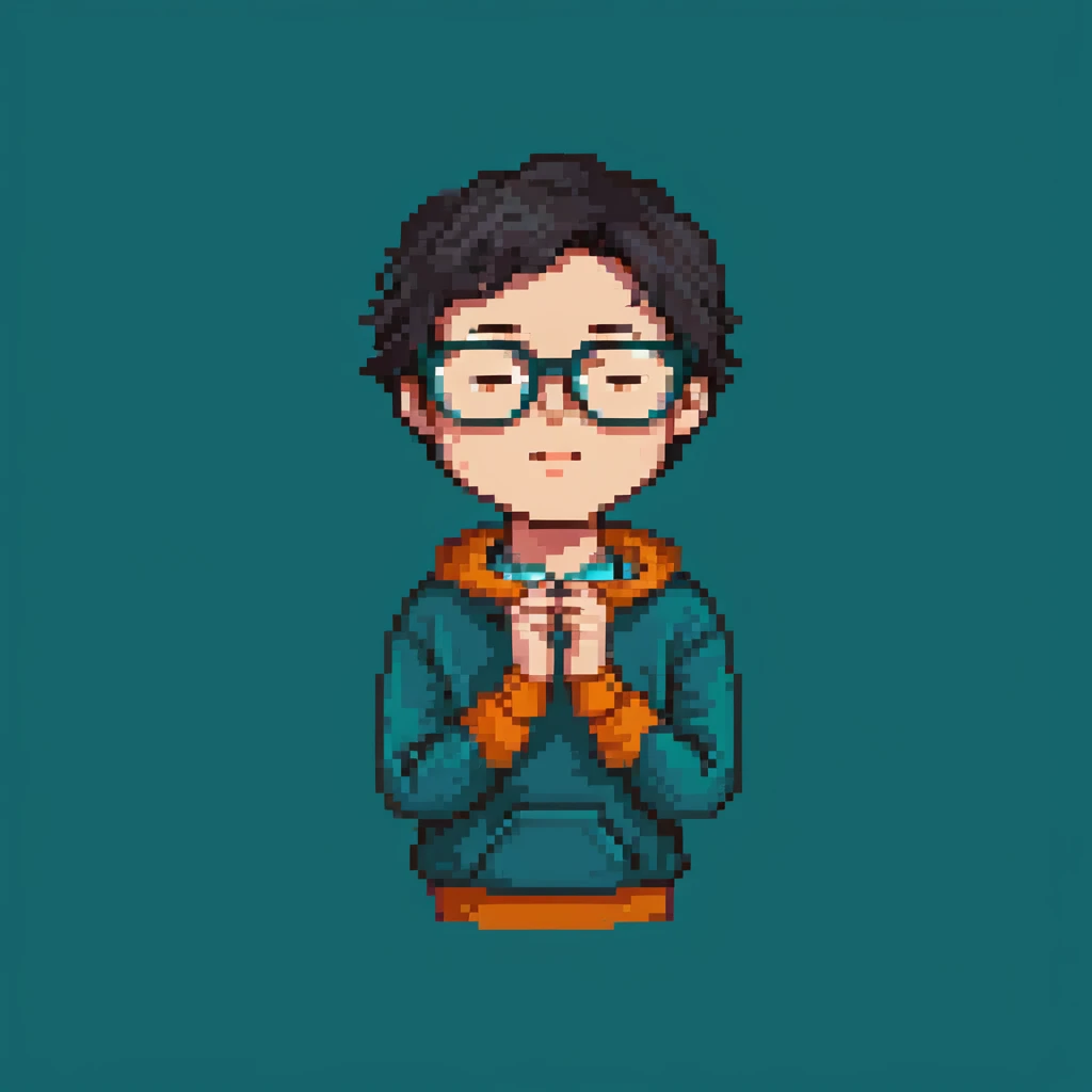 A young man with short black hair and glasses, standing outdoors with both hands forming a flower pose under his chin, wearing a dark teal sweatshirt, bright cheerful vibe, blurry street scene with cars and trees in the background, detailed pixel art style emoji