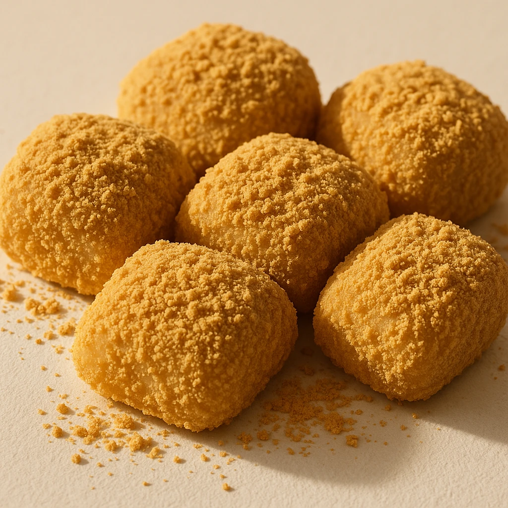 injeolmi rice cakes, roasted soybean powder, soft and chewy, close-up, white background, warm and natural light emoji