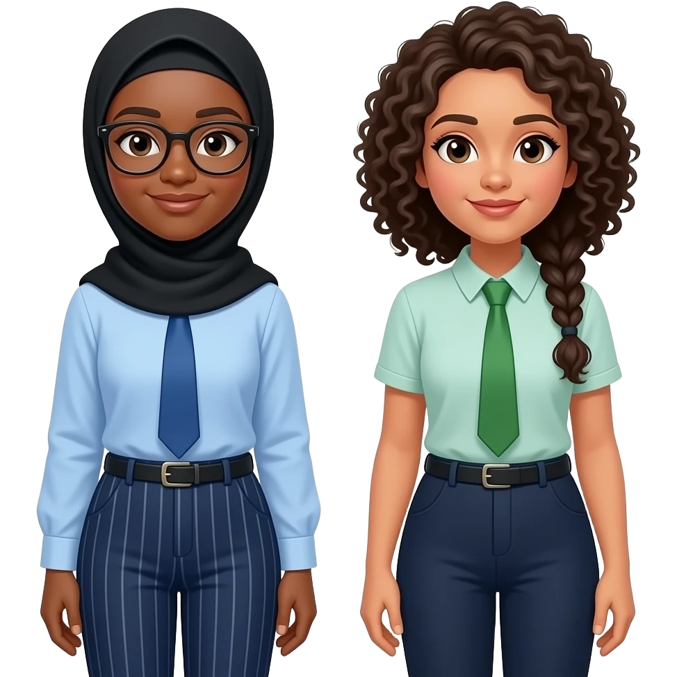 make someone who u think is aala, make her wear a black hijab, blue tie, wearing light blue shirt, dark blue pants with stripes, dark-ish skin , not too dark but not too light. and glasses and make her with another human called haneen( haneen has a green tie with curly tied braded hair) emoji