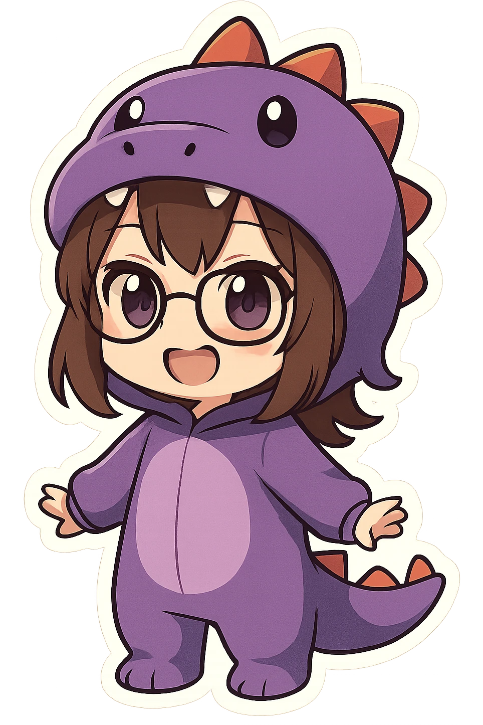 Chibi anime style girl with glasses, brown hair, dark purple eyes, wearing a purple dinosaur costume, happy expression, hands out at her sides, showing her teeth, no controller, no background. emoji