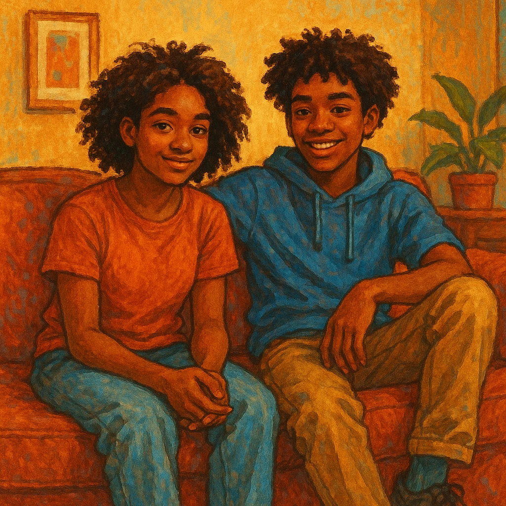 two brown-skinned teens sitting on a couch, artistic illustration style emoji