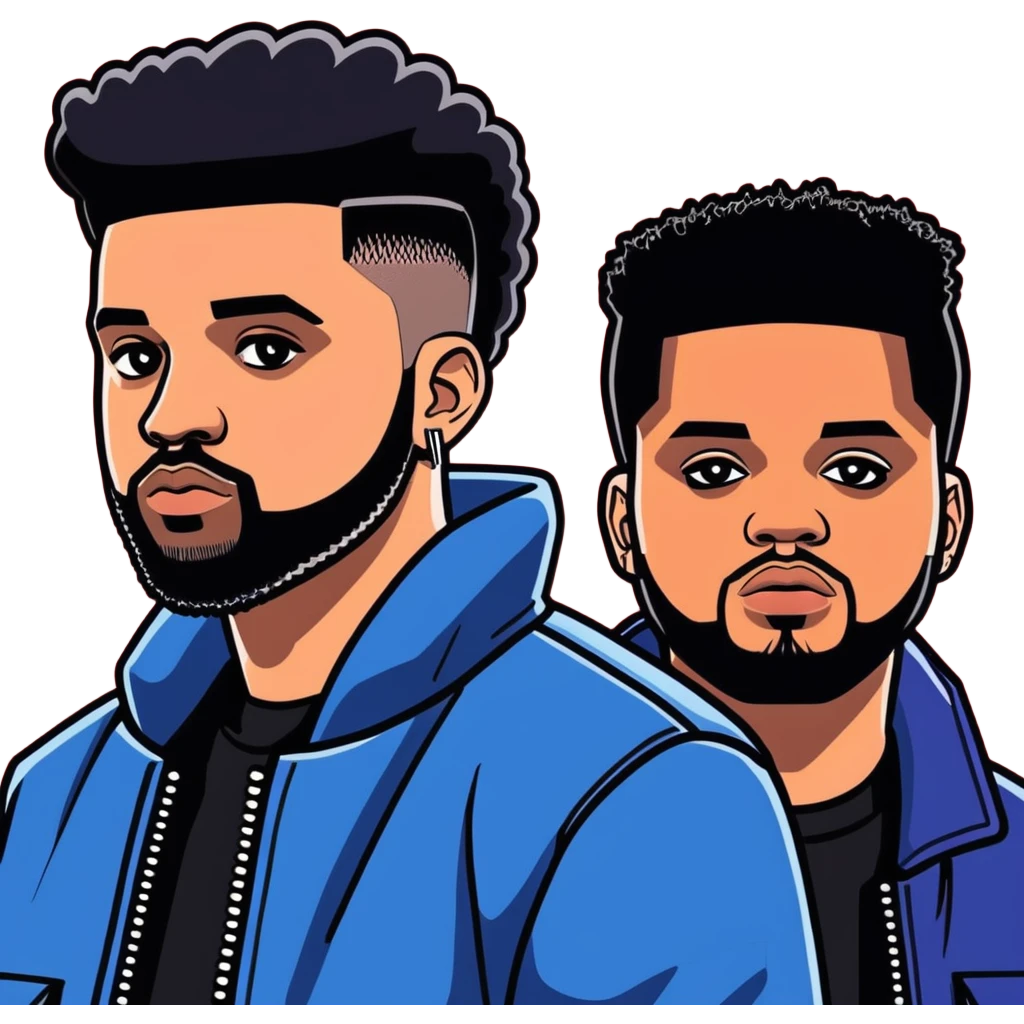 Toronto celebrities and musicians drake and the weeknd, digital illustration, sticker. must be ultra hyperrealistic, and mirco-detailed, 3D sticker design
 Must be 8k hd, 8000x8000px resolution. Must use very thin transparent smooth lines emoji