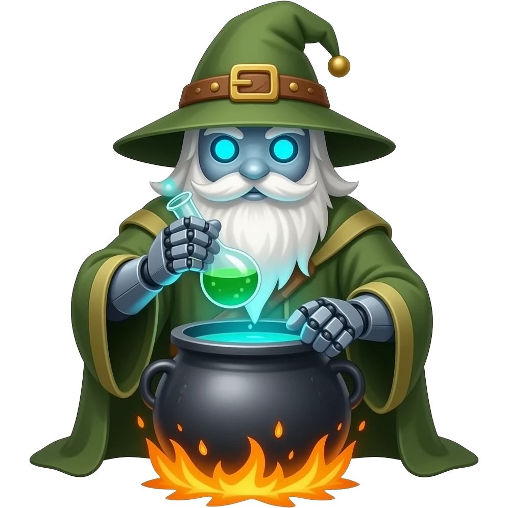 creami l'emoji di un robot vestito da druido che prepara una pozione in un calderone emoji