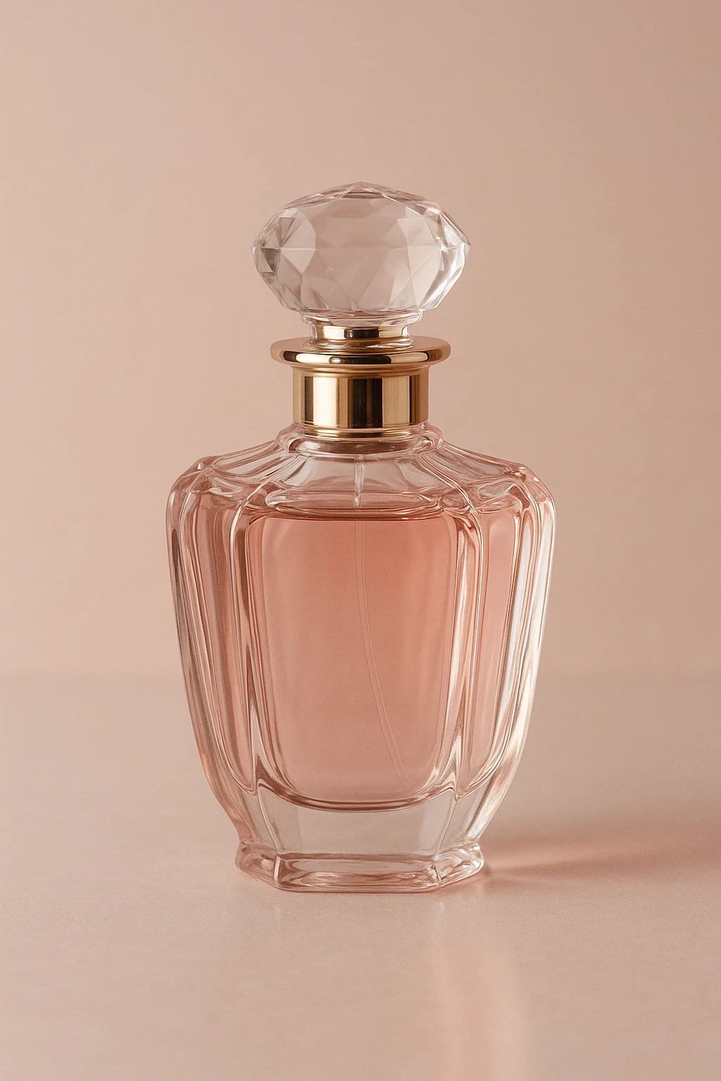 aesthetic pink perfume bottle with elegant glass design, soft lighting, delicate details emoji