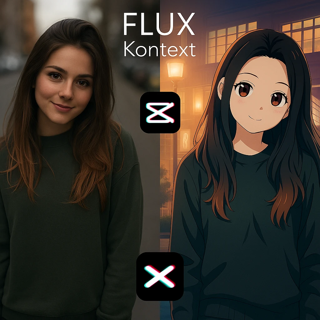 recreate this image and add logo of  text "FLUX Kontext" on top of it emoji