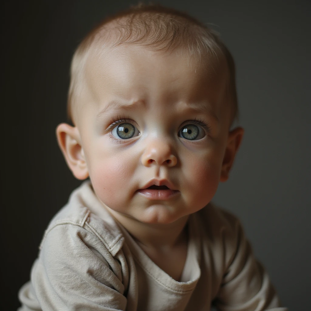 realistic child with a head subtly shaped like the letter F, natural skin tones, expressive eyes, photorealistic style emoji