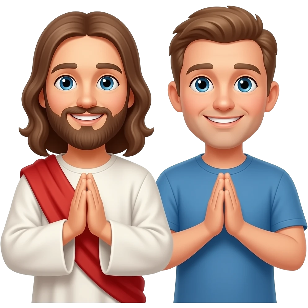 Jesus and a modern day man with light brown hair smiling and praying together emoji