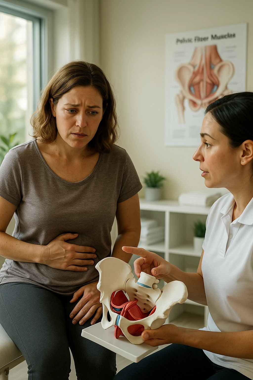 A realistic, cinematic illustration of a woman in her mid-30s with a thoughtful, slightly worried expression, sitting in a bright, modern physiotherapy clinic. She is wearing comfortable leggings and a loose top, with one hand resting gently on her lower abdomen, indicating discomfort. The scene shows a caring female pelvic floor physiotherapist explaining with a pelvis anatomical model, while the woman listens attentively but visibly concerned. In the background, soft natural light enters through the window, and an anatomical poster of pelvic floor muscles is visible on the wall. The environment is warm, clean, and reassuring, emphasizing the sensitivity of pelvic floor disorders while promoting trust and awareness in seeking help emoji
