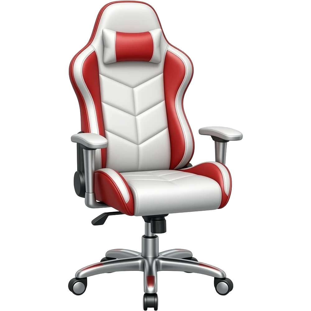 Realistic white and red gaming chair with silver feet, silver arms and silver armrests emoji