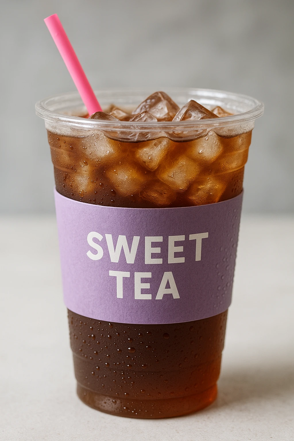 realistic sweet tea cup with a lavender colored sleeve, pink straw, ice cubes, condensation on the cup emoji
