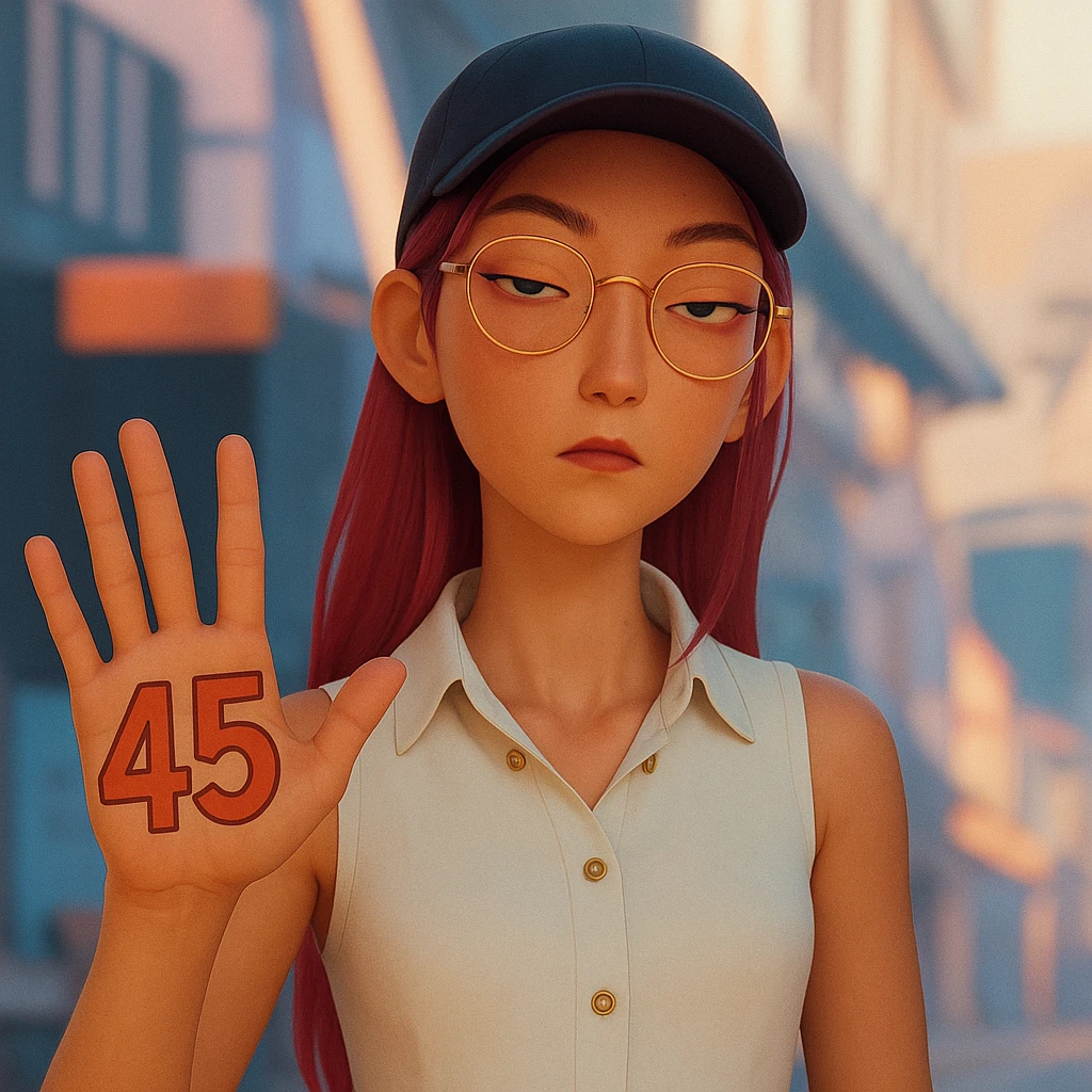 Make the character hold the number 45 in their left hand, keeping the original style and pose. Only add the number 45, do not change anything else. emoji