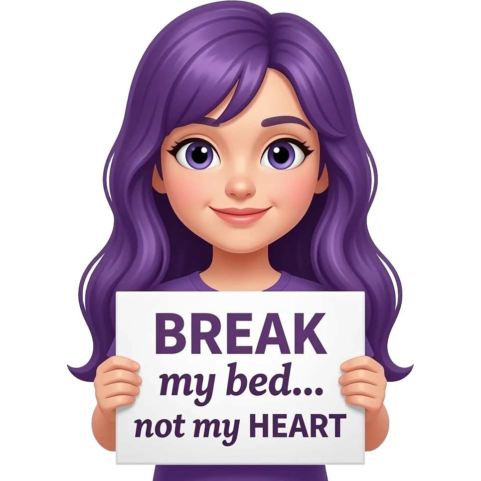 girl with long purple hair with a BREAK my bed... not my HEART sign emoji