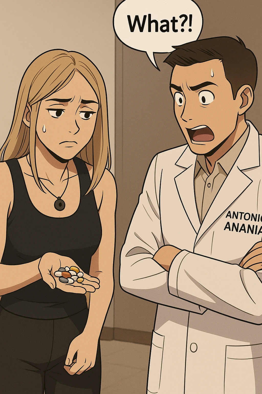 fai un webtoon/manga a colori con questo kinesiologo in camice bianco (fagli la scritta "ANTONIO ANANIA" SUL CAMICE) CHE PARLA CON QUESTA RAGAZZA. LA RAGAZZA HA UN PUGNO DI INTEGRATORI IN MANO (TANTE PILLOLE DIVERSE) E LE GUARDA DUBBIOSA. IL KINESIOLOGO CON IL CAMICE BIANCO LE DOMANDA UNA COSA SCIOCCATO. NON FARE I FUMETTI, FAI SOLO LORO COME SE DIALOGASSERO emoji