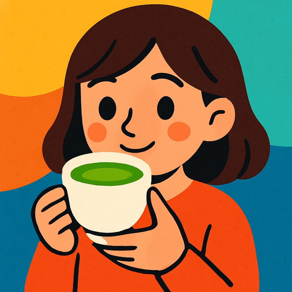 a girl with brown hair drinking matcha emoji