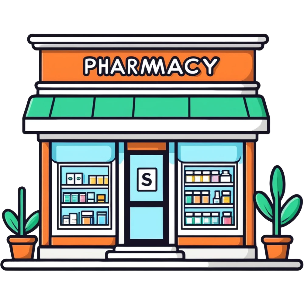 Pharmacy storefront, medical cross sign emoji