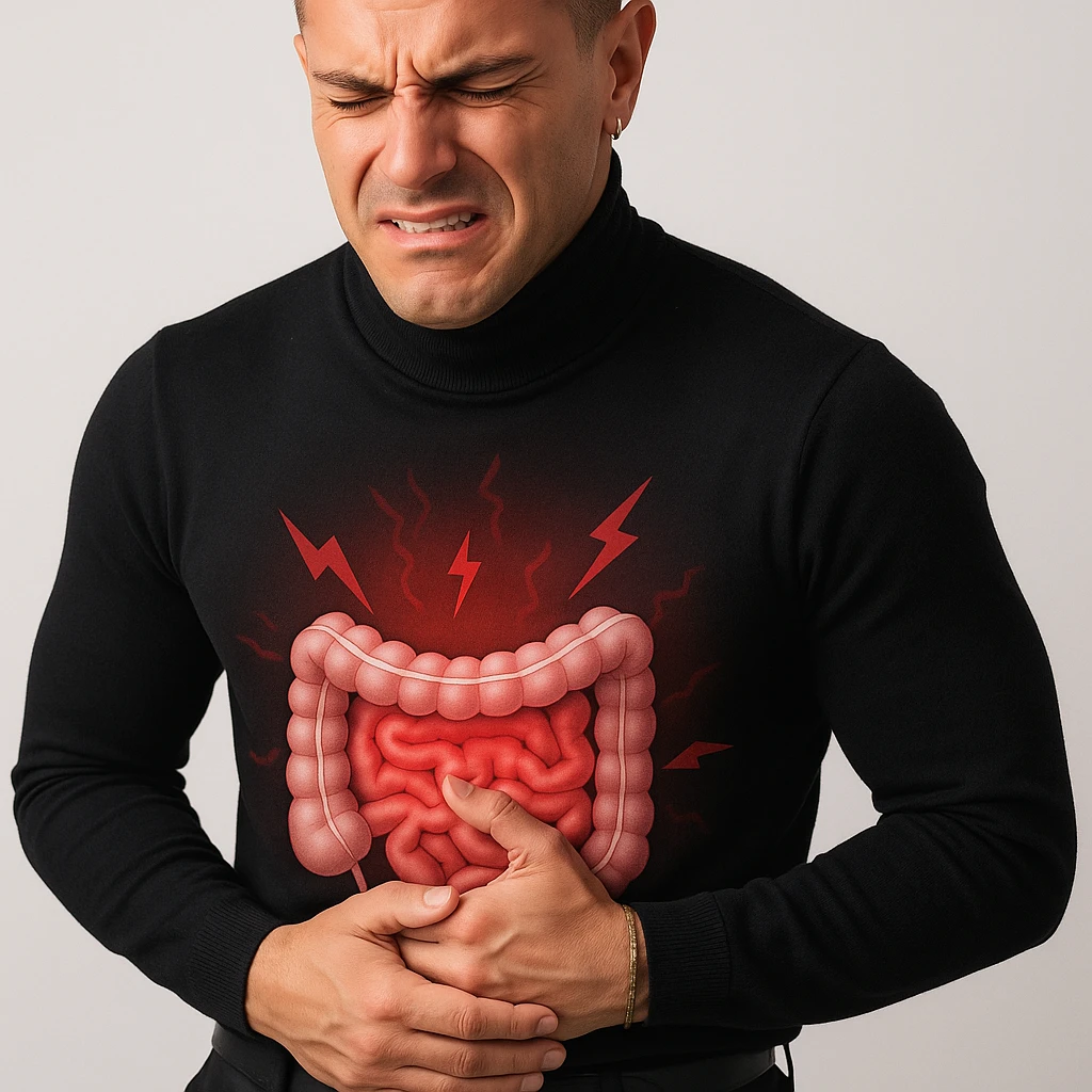 Realistic style image of a man standing, one hand on the abdomen, face contracted in pain, intestine highlighted with redness and inflammation symbols. Neutral background. emoji