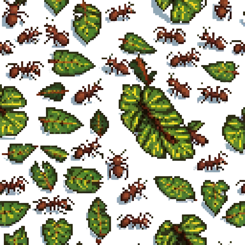 leaf cutter ants in a line, each with a piece of leaf, pixel art style, transparent background emoji