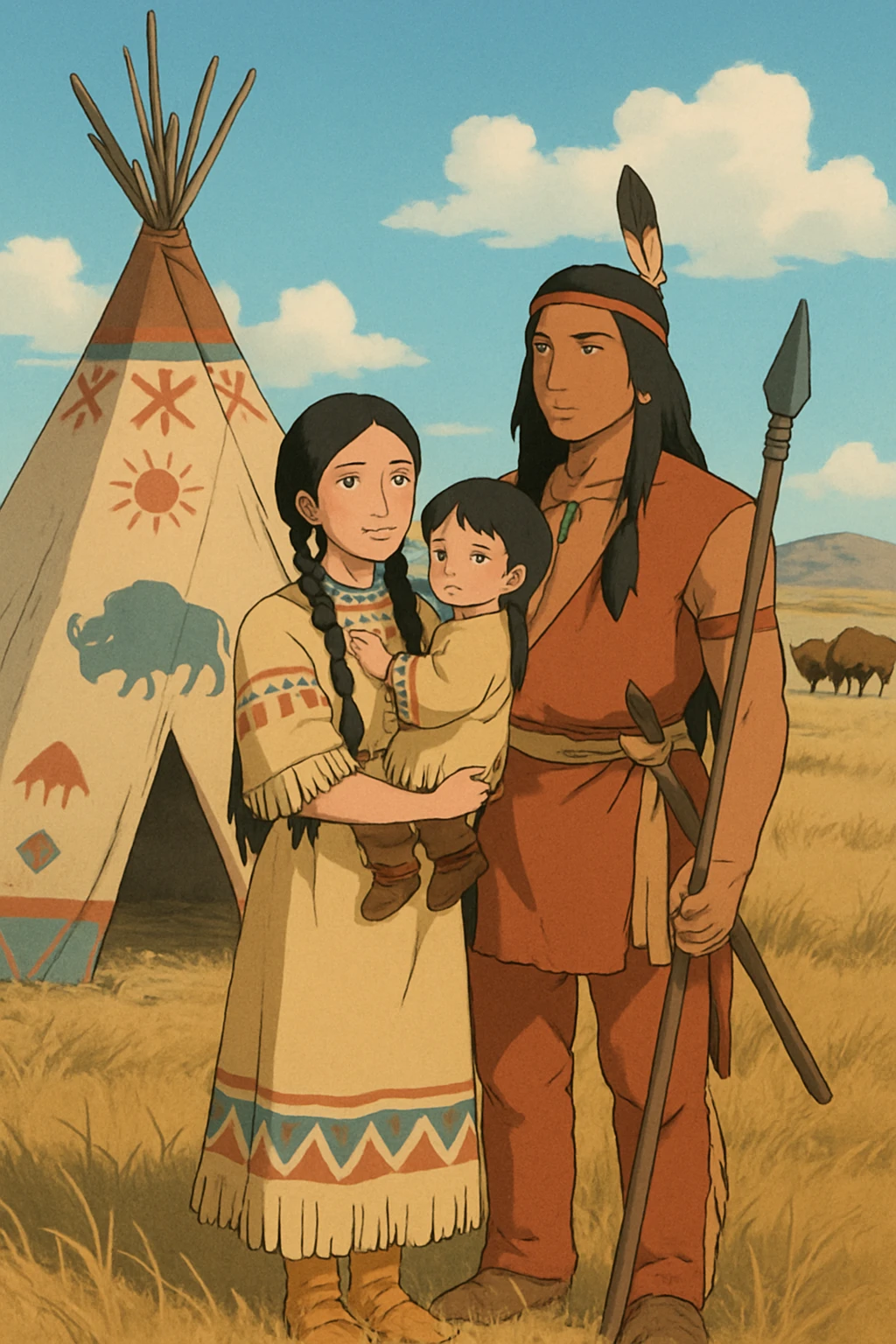 A native American family including a mother and young child, with a father who is a warrior. They are standing near a tepee decorated in native american symbols, there are buffalo in the distance. They are on the dry grasslands of the great plains in the 1840s emoji