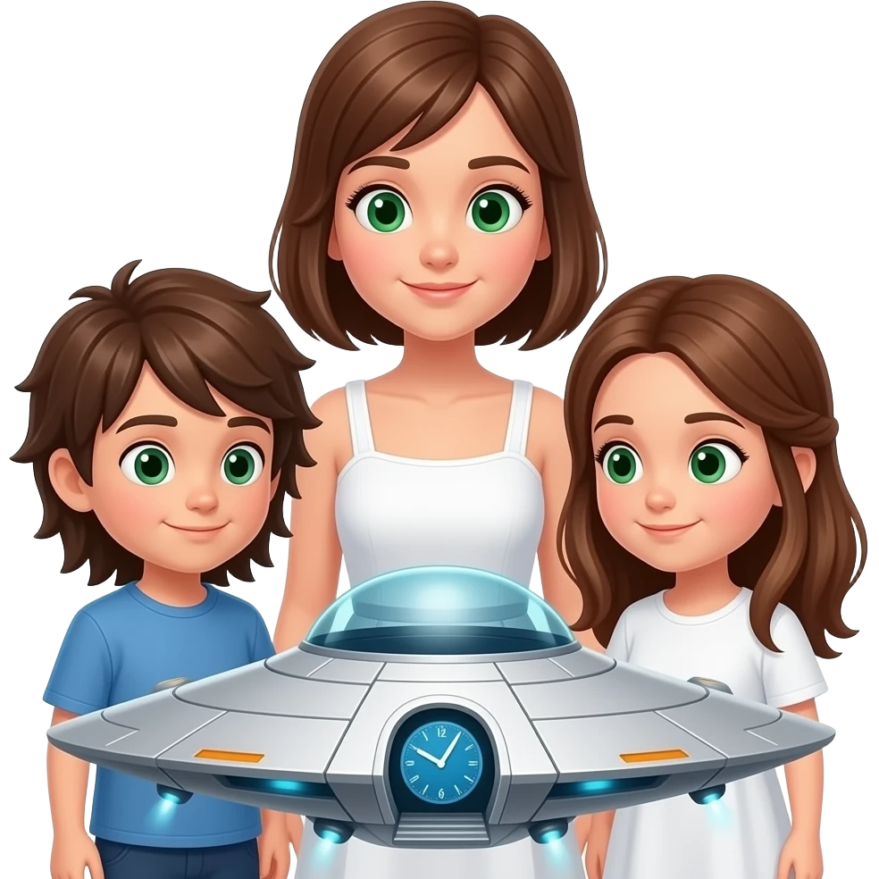 una maquina espacialcon un reloj en el medio rodeada por dos hermanos un chico i una chica los dos castanyo i ojos verdes (la chica mas grande que el i con ropa blanca con tirantes) i el chico con ropa azul el pelo muy largo) los dos estan mirando la nabe espacial realista que se pueda entrar dentro emoji