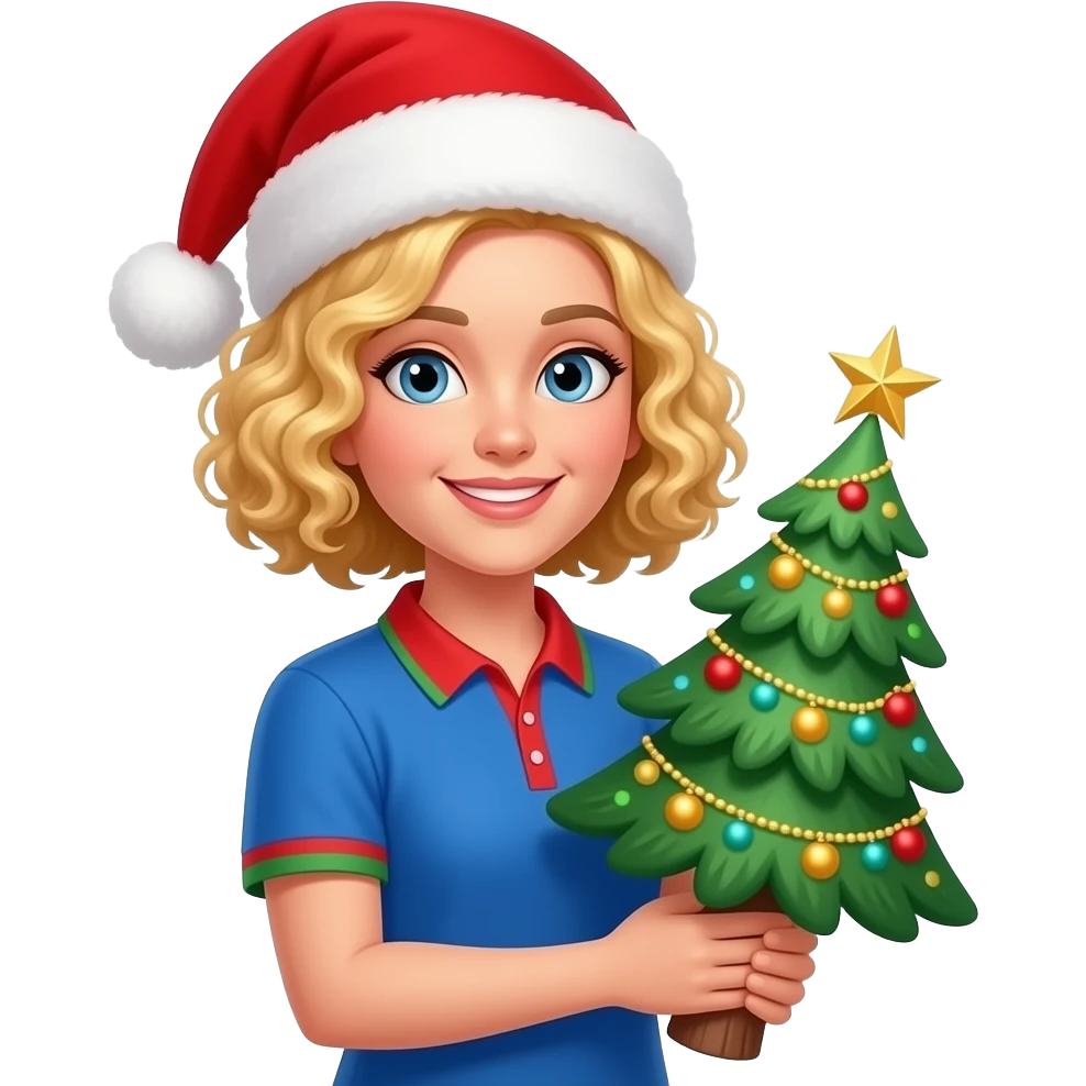 blonde tight curly hair in a short bob Merry Christmas with a christmas hat,  a christmas tree in a red and green short sleeve blosue emoji