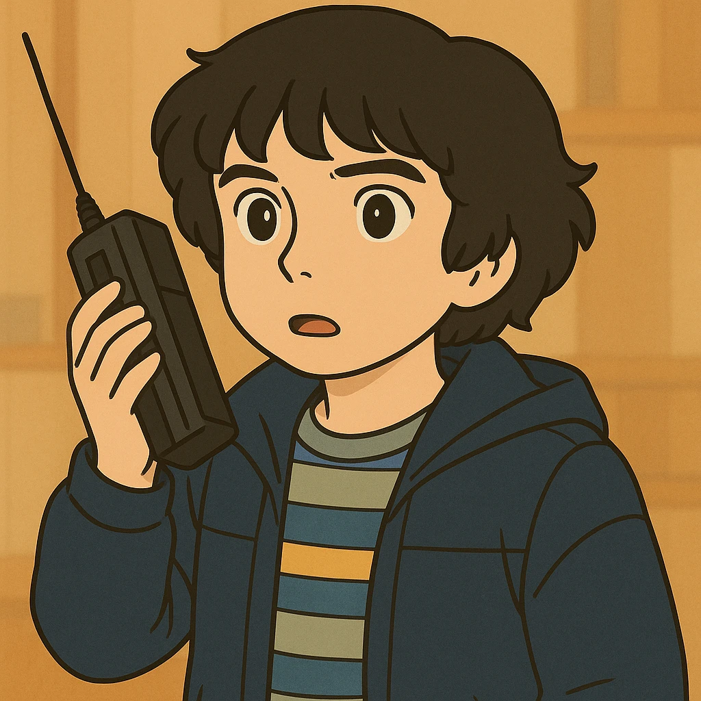 Mike Wheeler with a messy bowl haircut, wearing iconic first season clothes (blue striped shirt and jacket), simple and delicate line art, colored in pastel tones, with thick and dark outlines, in Ghibli style, 1:1 format. emoji