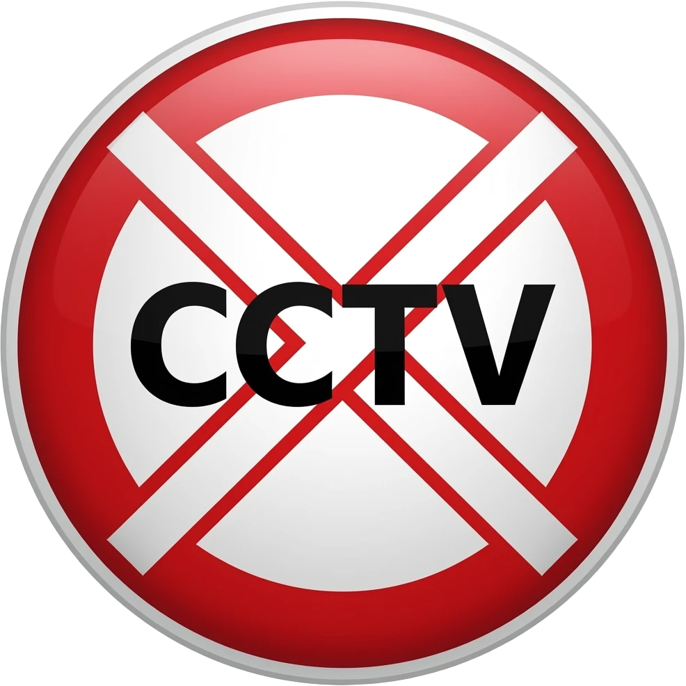 Red filled circle with white X and arrow on all end points on the X white circle in the middle. Big bold CCTV word in the centre in black emoji