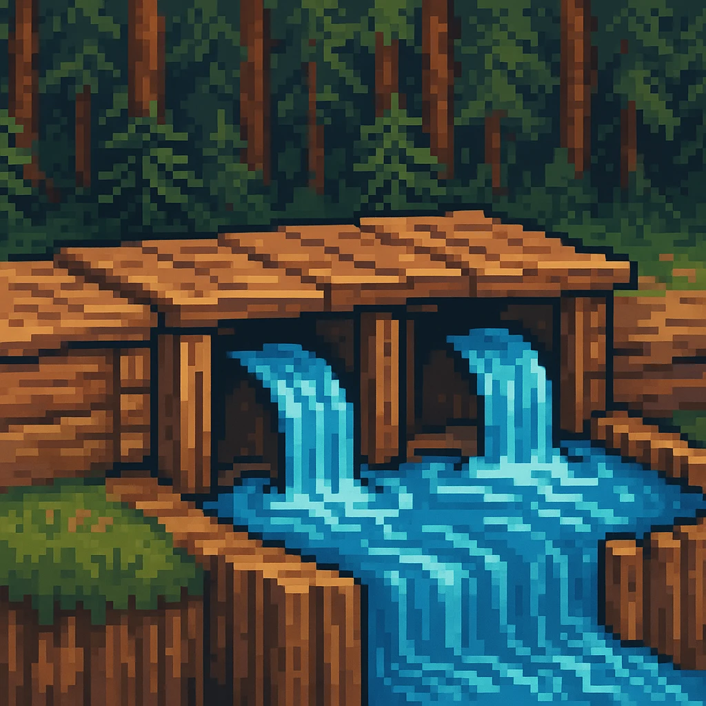 old wood dam with canal water, pixel art style emoji