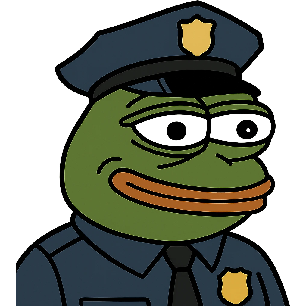 Pepe the Frog as a police officer with badge and hat, meme style emoji