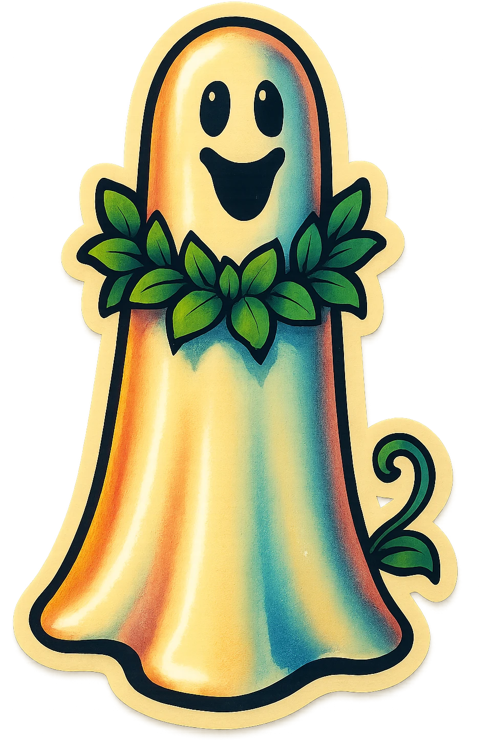 retro sticker-style ghost elongated in height with a leafy garland around its neck and a small vine curling at its base, cute, bold outlines, shadows and highlights emoji