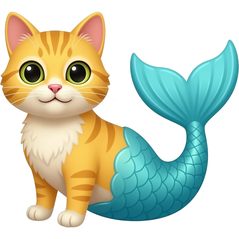 A cartoon style of Yellow cat with #B8FFFF mermaid tail emoji