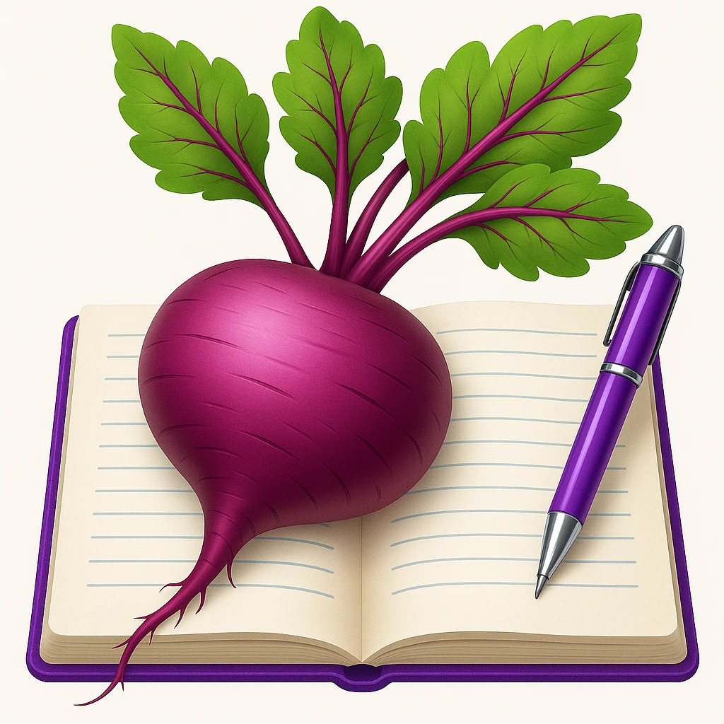 Adjust the image so that the beetroot, the notebook, and the pen are seen from the front, maintaining the emoji style and the composition of the original image. emoji