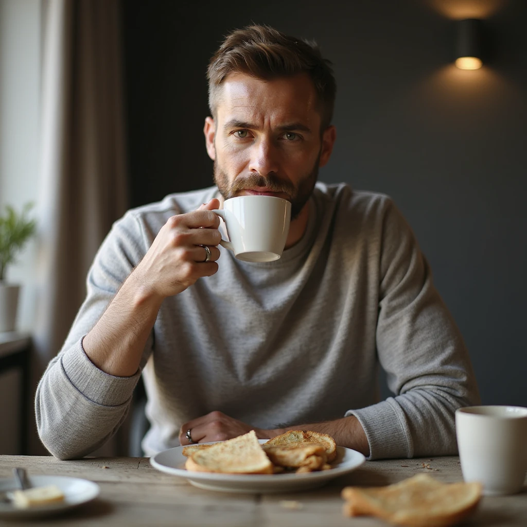 hyperrealistic 4K man isolated on white background having breakfast, drinking a cup of coffee, natural pose, realistic details, variant 2 emoji