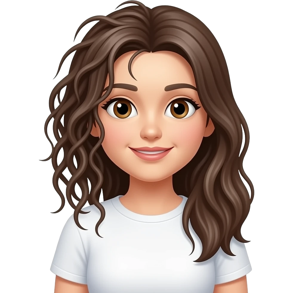chica emoji estilo apple camiseta blanca con la mitad de su cabello muy muy muy enredado y la otra mitad de su cabello muy liso como si se estuviera peinando pero sin cepillo emoji